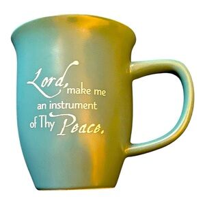 Teal ceramic mug Lord make me an instrument of the peace religious graphic.